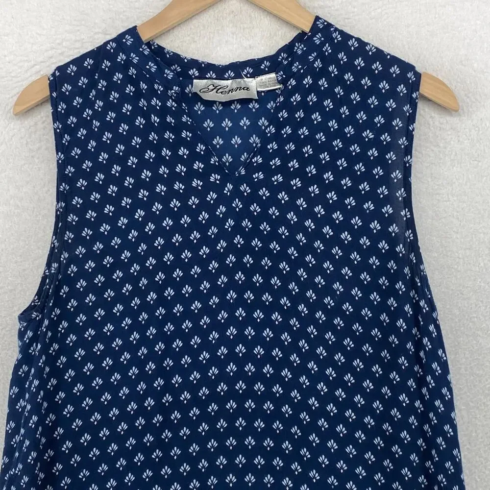 HENNA Dress One Size Floral Geometric V-Neck Boho Sleeveless Midi Boho Blue - Picture 3 of 10